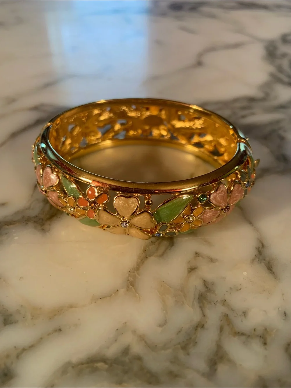 Joan Rivers Gold Floral Enamel Hinged Bangle Bracelet in Pink & Green